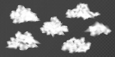 collection of white clouds on the black background. Illustration with cloud fog or smog. vector