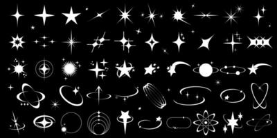 Set of Y2K abstract shapes on black background. Star, sparkle and simple geometric forms in retro style. templates for tattoo, logo, icon, notes, posters, banners, stickers, business cards. vector