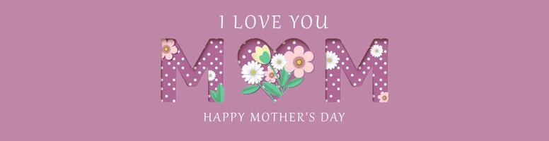 Happy Mother's day banner with beautiful paper flowers on a purple background. Romantic design for header of website. vector