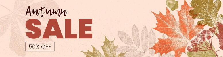 Abstract Autumn SALE grainy background with foliage and typography. Autumn banner with photocopy effect. template with colorful leaves for poster, flyer, advertisement, header of website. vector