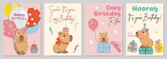 Happy Birthday greeting cards or invitations in funky hand-drawn style with cute capybara, balloons, cake and gifts. Capy birthday text. Amusing capibara character. templates for party, event. vector