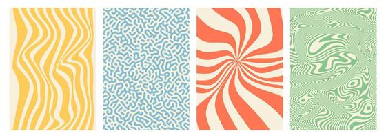 Abstract groovy hippie 70s backgrounds with swirl, twirl, waves, rays and lines. Distorted trendy textures in retro psychedelic style for textile, posters, social media. Y2K aesthetics. vector