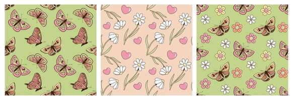 Collection of groovy hippie floral seamless patterns. Romantic backgrounds in retro 60s 70s style with butterflies flowers and hearts. illustrations for wrapping, textile, posters, social media vector