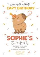 Capy Birthday invitation template in hand-drawn style with cute capybara in hat, confetti and pipe. Happy birthday concept. Amusing capibara character. illustration for party, event. vector
