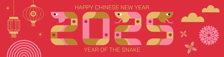Happy Chinese New Year 2025 abstract geometric banner with snake, flowers, lantern and clouds on red background. Trendy background for poster, cover and header of web site. vector
