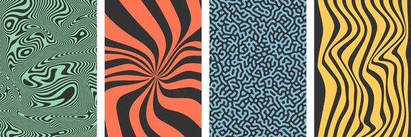 Abstract retro psychedelic groovy backgrounds with waves, swirl, twirl and lines. Y2K aesthetics. Twisted and distorted trendy textures for wrapping, textile, posters, social media. vector