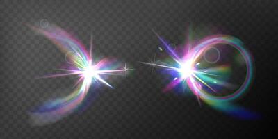Abstract luminescent prism flares. realistic set of vivid rainbow light bursts for web design, digital art, presentations, advertising, and posters. vector