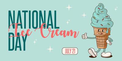 Groovy retro National ice cream day background. illustration for banner, card, poster, with cheerful ice cream character and text. vector