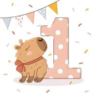 First birthday party invitation with a cute capybara in hand-drawn style. Amusing capibara character. templates for party, event. vector