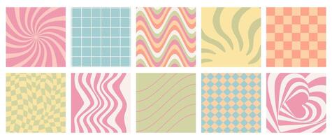 Cool retro 60s 70s groovy backgrounds with chess board, wavy patterns, lines, squares, grids and hearts. Y2K aesthetics. illustrations for wrapping, textile, posters, social media. vector