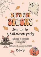 Vintage groovy halloween invitation template with pumpkin, bat, ghost, mushroom and skull. psychedelic hippie retro 70s style illustation for party, event. vector