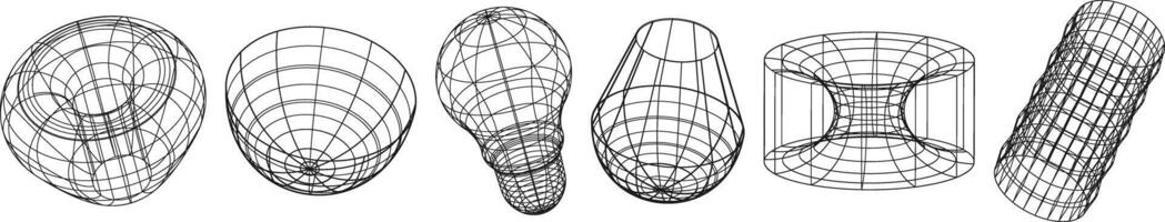 Abstract y2k wireframe geometric forms isolated on transparent background. Set of retro futuristic grid models from 80s, 90s, 00s. illustrations in psychedelic techno style. vector