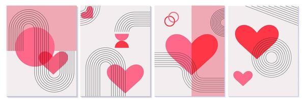 Set of retro Valentines Day geometric abstract posters. Vintage banners, greeting cards in 60s, 70s, brutalism style with hearts, circles, and curved lines. backgrounds for prints, wrapping. vector