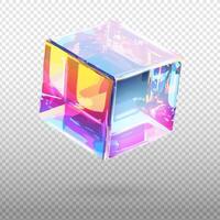 Luminescent 3d glass sparkling cubs with holographic effect isolated on transparent background. realistic illustration of iridescent crystal block for web design, advertising, poster. vector