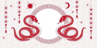 Happy chinese new year of the snake 2025 banner template with space for text. Festive illustration for banner, poster with snake, lantern, sun, moon, stars, asian elements in red, white colors. vector