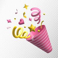 3D Firecracker with confetti and serpentine. Holiday popper explodes. 3D render. Party and event celebration. Simple minimal illustration isolated on white background. EPS 10. vector