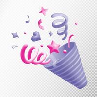 3D firecracker with confetti and serpentine. Holiday popper explodes. 3D render. Party and event celebration. Minimal illustration in purple-pink palette isolated on transparent background. vector