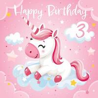 A cute unicorn is sitting on a cloud with stars in the background. The image is pink, happy birthday theme vector