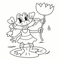 A frog with a flower. Frog for coloring book. Line art design for kids coloring page. Preview of Cartoon Frog Coloring Page. vector