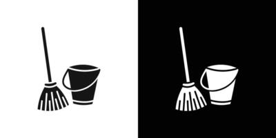 besom with stick and pail icon Flat set outline vector