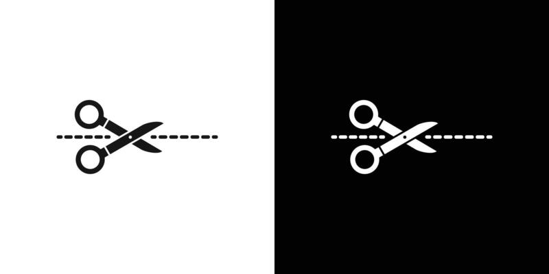Scissors with cut lines icon Black line art logo set