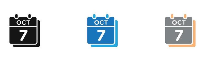 7 october date icon outline collection or set in black and white vector