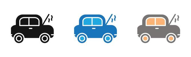 Broken car with open hood icon outline collection or set in black and white vector