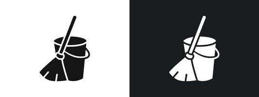 besom with stick and pail icon linear graphics set in black vector