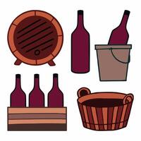 A rustic wine set with bottles, barrel, and containers in a vineyard setting during the harvest season vector