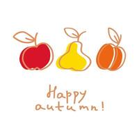 Colorful autumn fruits illustration featuring apples, pears, and pumpkins set against a white background with a cheerful happy autumn greeting vector