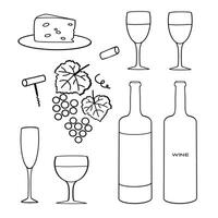 A collection of wine-related elements featuring glasses, bottles, corks, and cheese on a light background vector