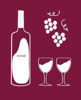 A simple wine illustration featuring a bottle, two glasses, and grapes on a deep red background vector