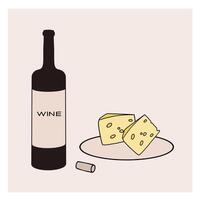 A bottle of wine and a plate of cheese set on a light background for a cozy evening gathering vector