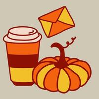 Cozy autumn decoration featuring a colorful pumpkin, a warm drink, and an envelope hovering above on a neutral background vector