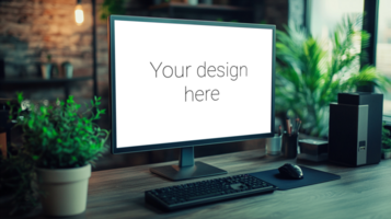 Mockup of Digital Screen with Keyboard and Mouse on Table psd