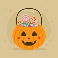 Halloween pumpkin bucket with candy. Flat design. vector