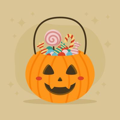 Halloween pumpkin bucket with candy. Flat design.