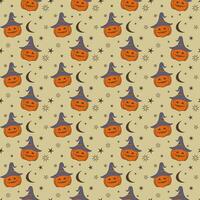 Seamless pattern with Halloween pumpkin wear a wizard hat and star element on beige background. vector