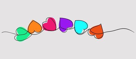Line art style. Several colorful hearts drawn in one line. decorating a postcard or printing on clothes. Simple design for Valentines Day, birthday greetings, greetings for different holidays. vector