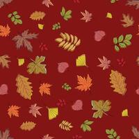Seamless autumn pattern with leaves on red background. vector