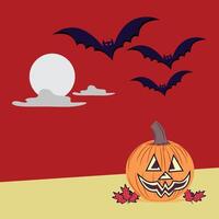 pumpkin with a face happy Halloween cartoon background design illustration Halloween design with moon and red background vector