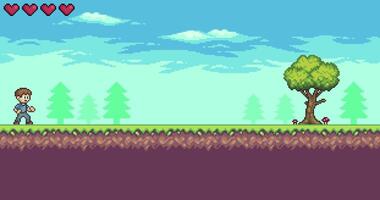 Game in pixel art and 8-bit style with character. Animation of the start menu of a 2D 8-bit game video