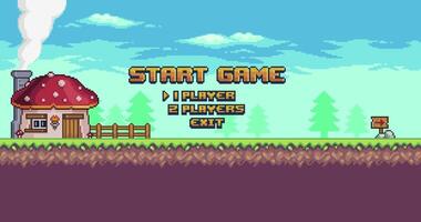 Animation of a game in pixel art and 8-bit style. Animation of the start menu of a 2D and 8-bit game video