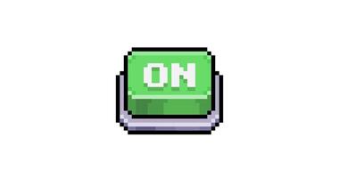 Pixel art animation of green button being turned on on white background. Animation turning on a button in pixel art and 8 bit style video