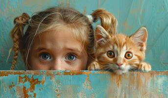 A young girl is looking at a cat behind her. The cat is orange and has yellow eyes photo