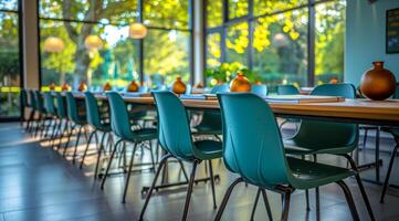 A large table with many chairs around it. The room is bright and inviting photo