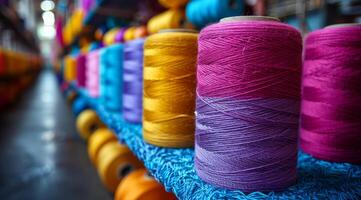 A row of colorful yarns are displayed on a shelf. The colors include yellow, pink, purple, and blue. Concept of creativity and craftsmanship photo