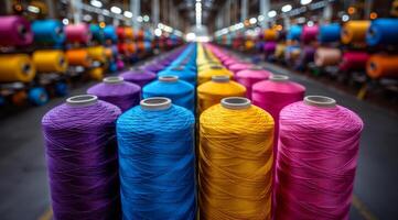 A row of colorful spools of thread are displayed in a factory. The colors are bright and vibrant, creating a cheerful and lively atmosphere. The spools are arranged in a neat and orderly fashion photo