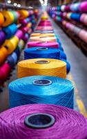 A row of colorful yarns are displayed in a store. The colors are bright and vibrant, creating a cheerful and lively atmosphere. The display is organized and visually appealing photo