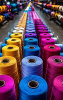A row of colorful yarns are displayed in a store. The colors are bright and vibrant, creating a cheerful and lively atmosphere photo